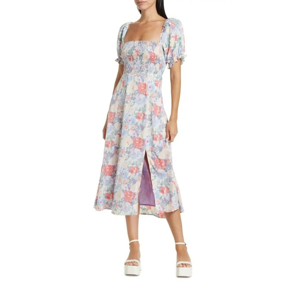 ASTR The Label Purple Coral Floral Puff Sleeve Smocked Midi Dress SZ S - Picture 1 of 7
